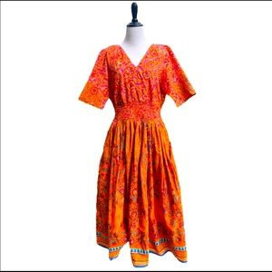 Eshakti Floral Print Boho Orange V Neck A-Line 100% Cotton Shirred Waist Dress